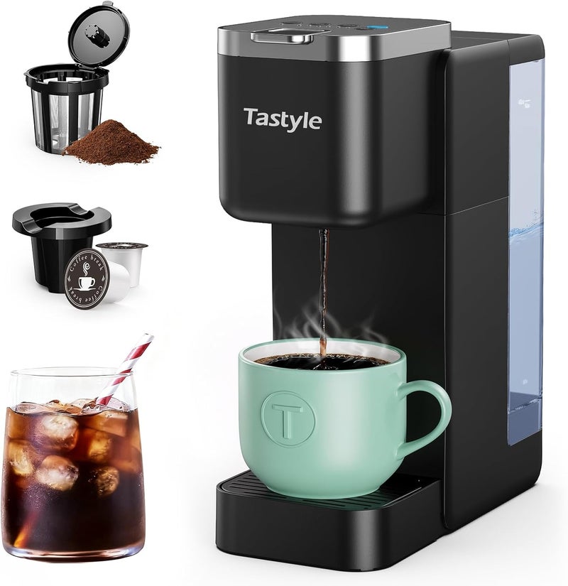 Tastyle Single Serve Coffee Maker, Iced and Hot Coffee Machine for K Cup & Grounds, Compact Design, 40oz Removable Water Reservoir, 6 to 24 Oz Brew Sizes, Fits 7.3" Travel Mug, Black - Image 1